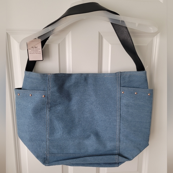 NWT Victoria's Secret Logo Denim Carryall Tote Bag Blue Studded - Picture 3 of 6